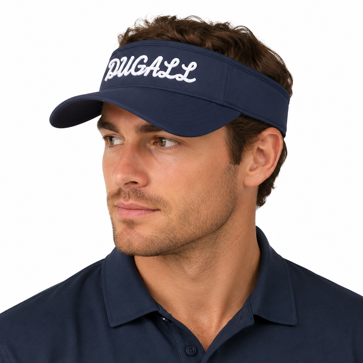 A man wearing a navy blue visor with 'PGA/LL' embroidered in white script on the front, paired with a matching navy polo shirt, against a plain white background.