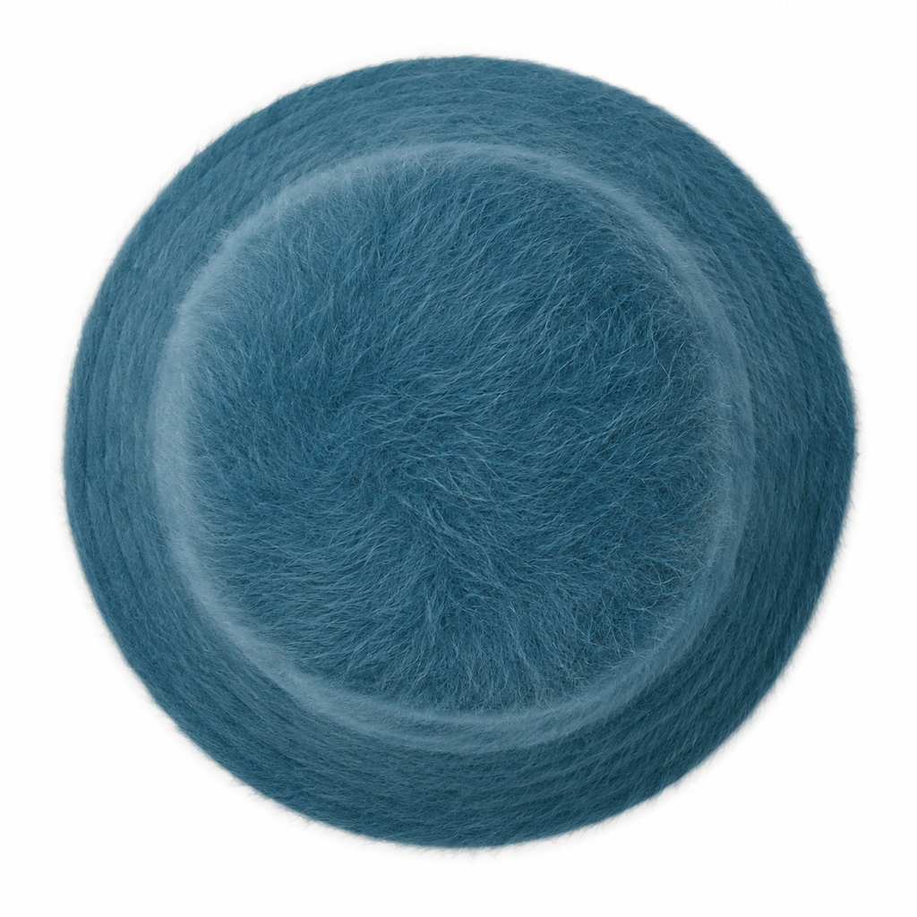 Top view of a custom autumn winter bucket hat with soft faux fur surface and embroidery logo.