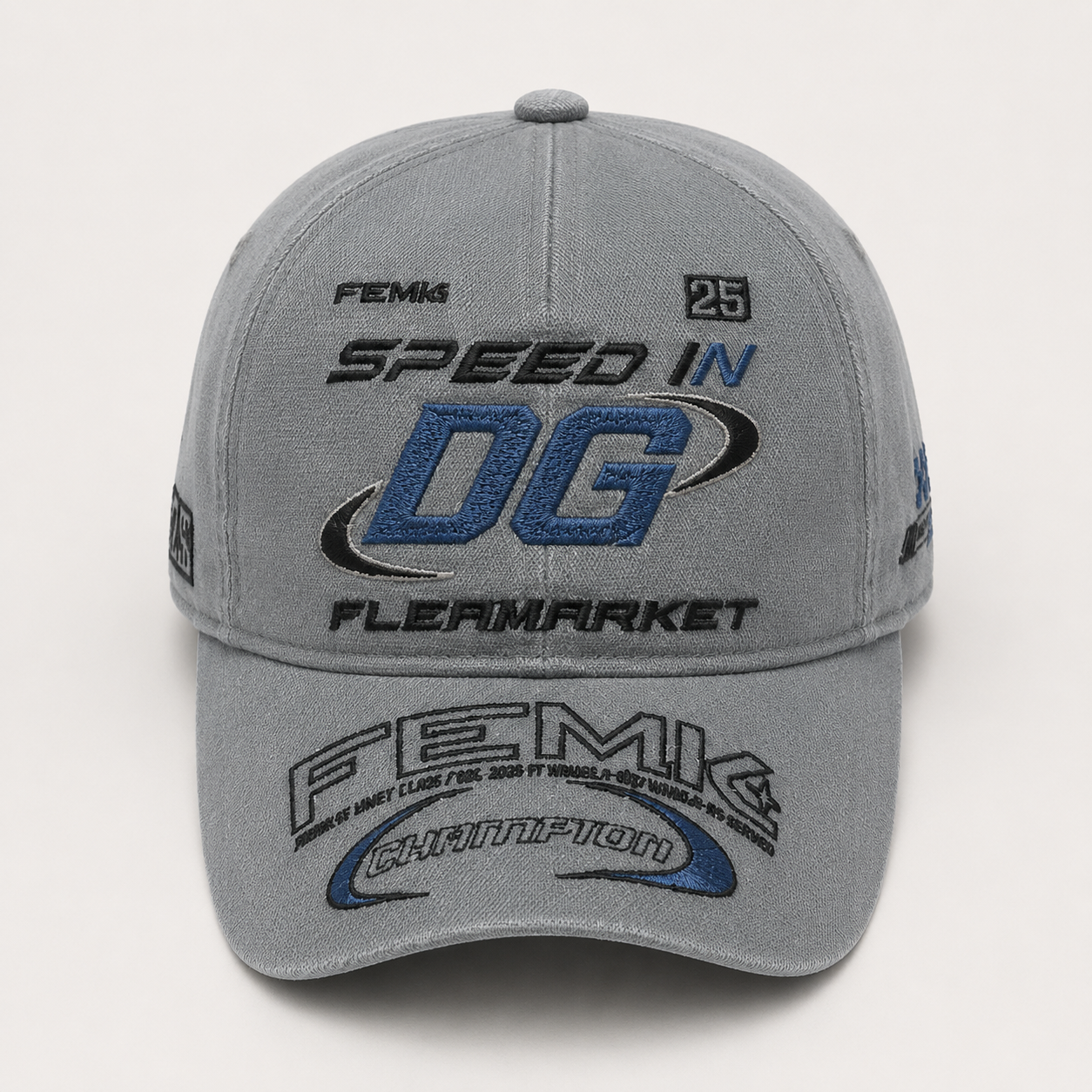 Front view of a custom cotton baseball cap with multi-position embroidery logo and fashion branding design