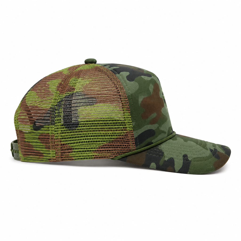 Side view of a custom camo foam-front trucker hat with mesh back, curved brim and braided rope
