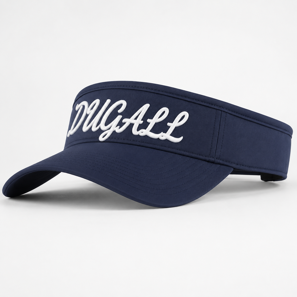A navy blue visor hat featuring the name 'DUGALL' embroidered in white cursive script across the front band, shown against a plain light gray background.