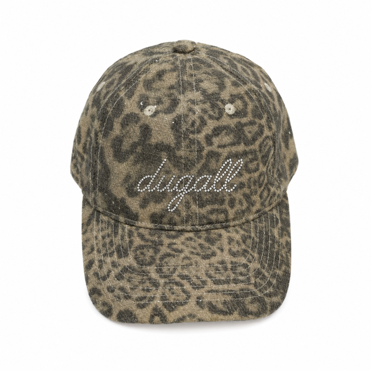 Front view of a custom high quality washed cotton baseball cap with leopard print and rhinestone logo