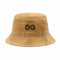 Front view of a custom high quality bucket hat made from cotton linen fabric with raised 3D embroidery logo.
