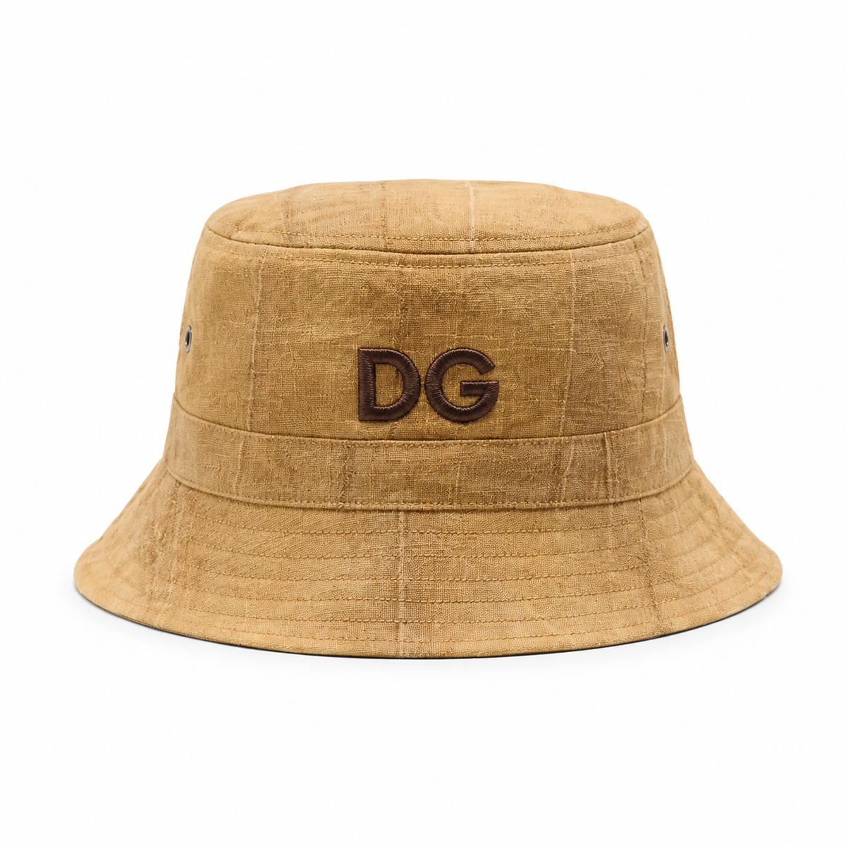 Front view of a custom high quality bucket hat made from cotton linen fabric with raised 3D embroidery logo.