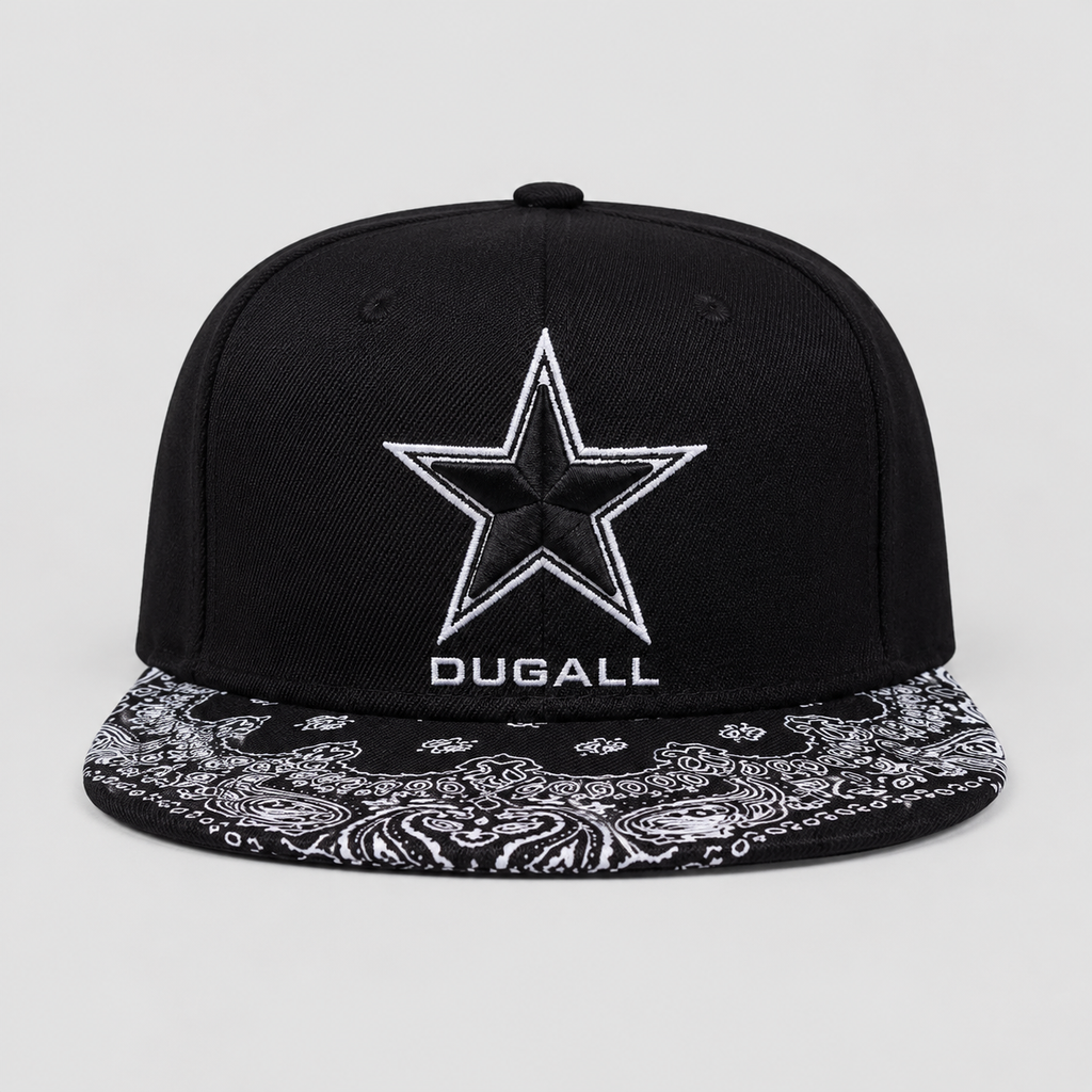Custom black hip hop snapback hat with embroidered star logo and paisley print flat brim front view