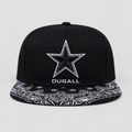 Custom black hip hop snapback hat with embroidered star logo and paisley print flat brim front view