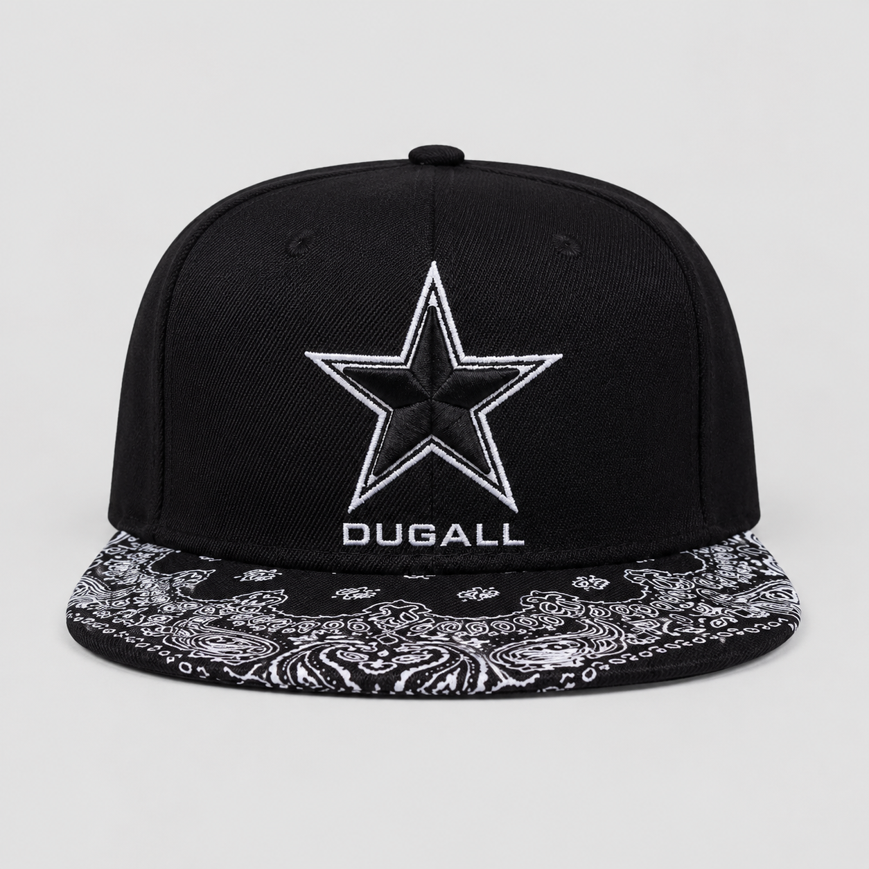 Custom black hip hop snapback hat with embroidered star logo and paisley print flat brim front view