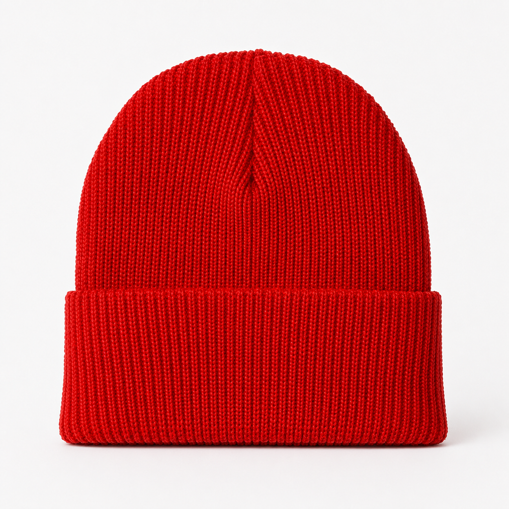 Blank red ribbed knit beanie with folded cuff for custom logo branding.