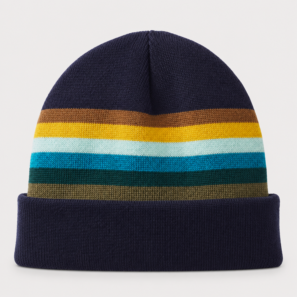 Front view of a blank retro striped acrylic ski beanie with navy folded cuff for custom logo branding.