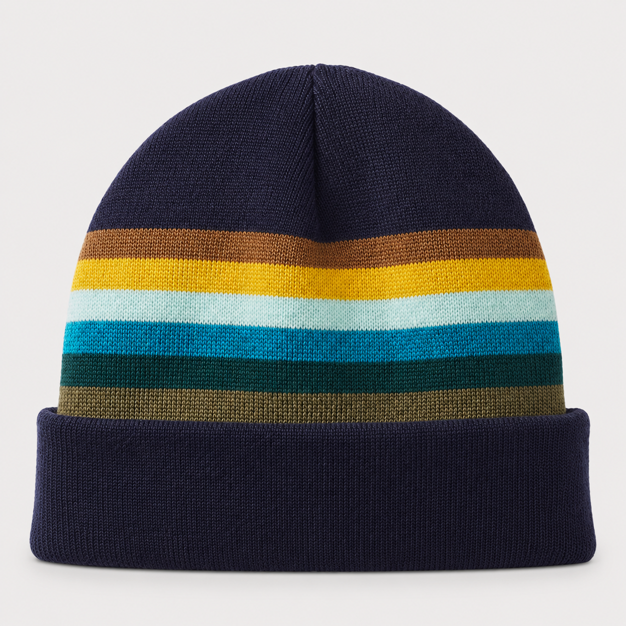 Front view of a blank retro striped acrylic ski beanie with navy folded cuff for custom logo branding.