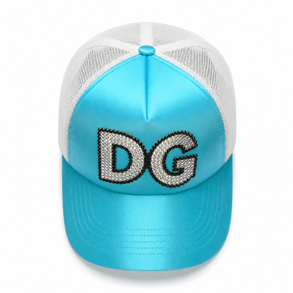 Top front view of a custom rhinestone logo foam trucker hat in turquoise and white colorway