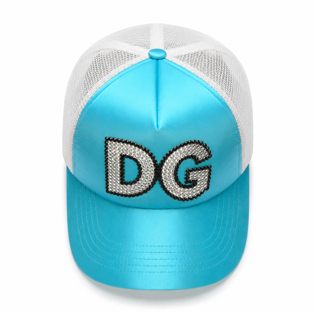Top front view of a custom rhinestone logo foam trucker hat in turquoise and white colorway