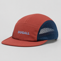 Front view of a custom color block mesh 5 panel baseball cap with orange cotton front panel, navy polyester mesh sides, and embroidered logo.