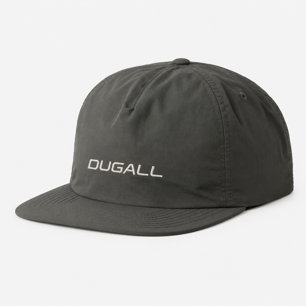 Front view of a custom nylon 5 panel baseball cap with embroidered DUGALL logo, quick dry and UV protection design