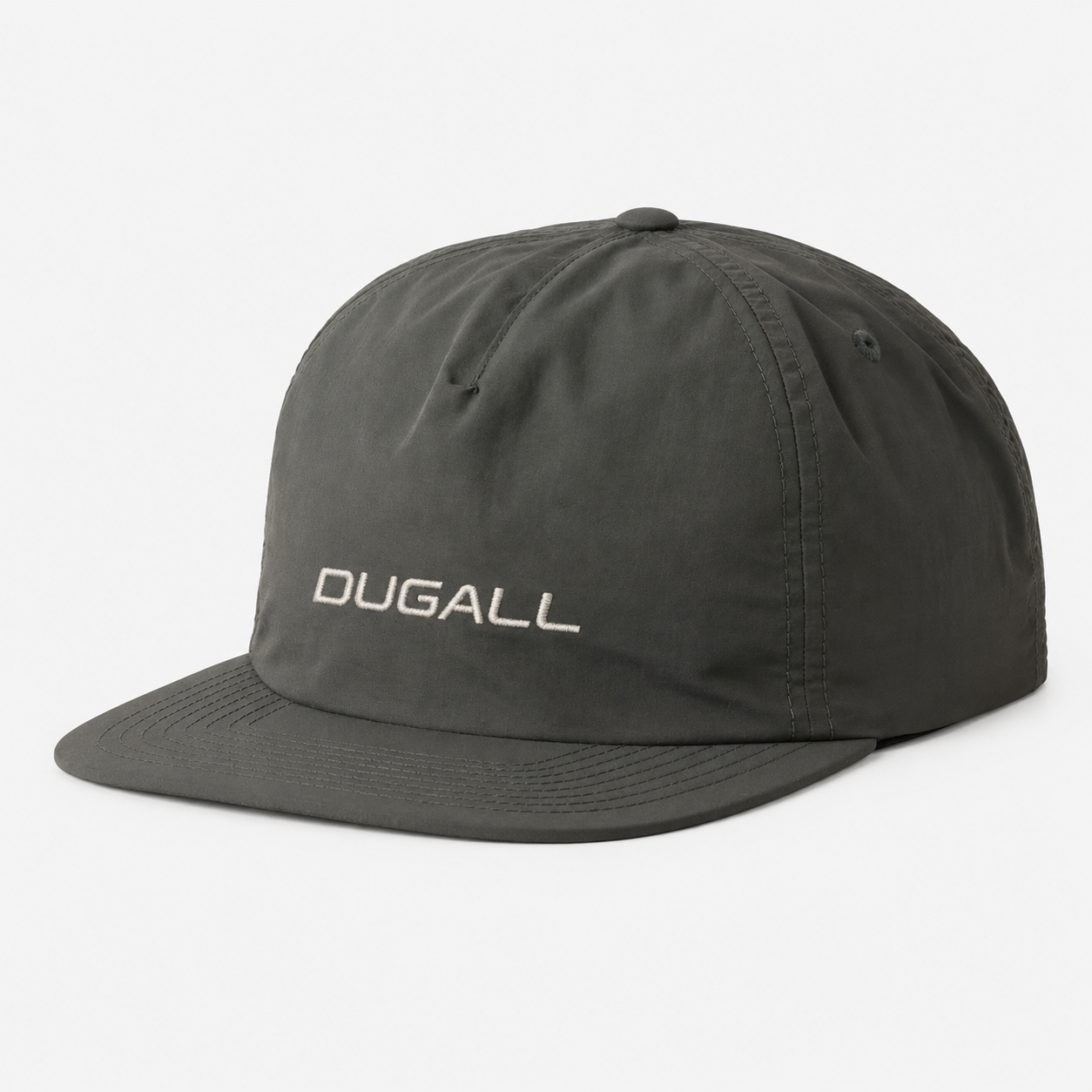 Front view of a custom nylon 5 panel baseball cap with embroidered DUGALL logo, quick dry and UV protection design