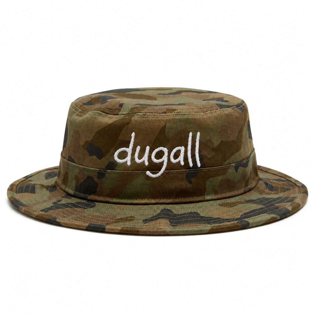 Front view of a custom outdoor casual bucket hat with camouflage pattern, washed cotton fabric, and embroidered logo.