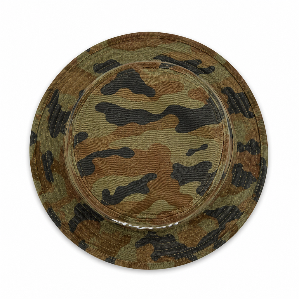 Top view of a custom outdoor casual bucket hat with camouflage pattern and washed cotton fabric.