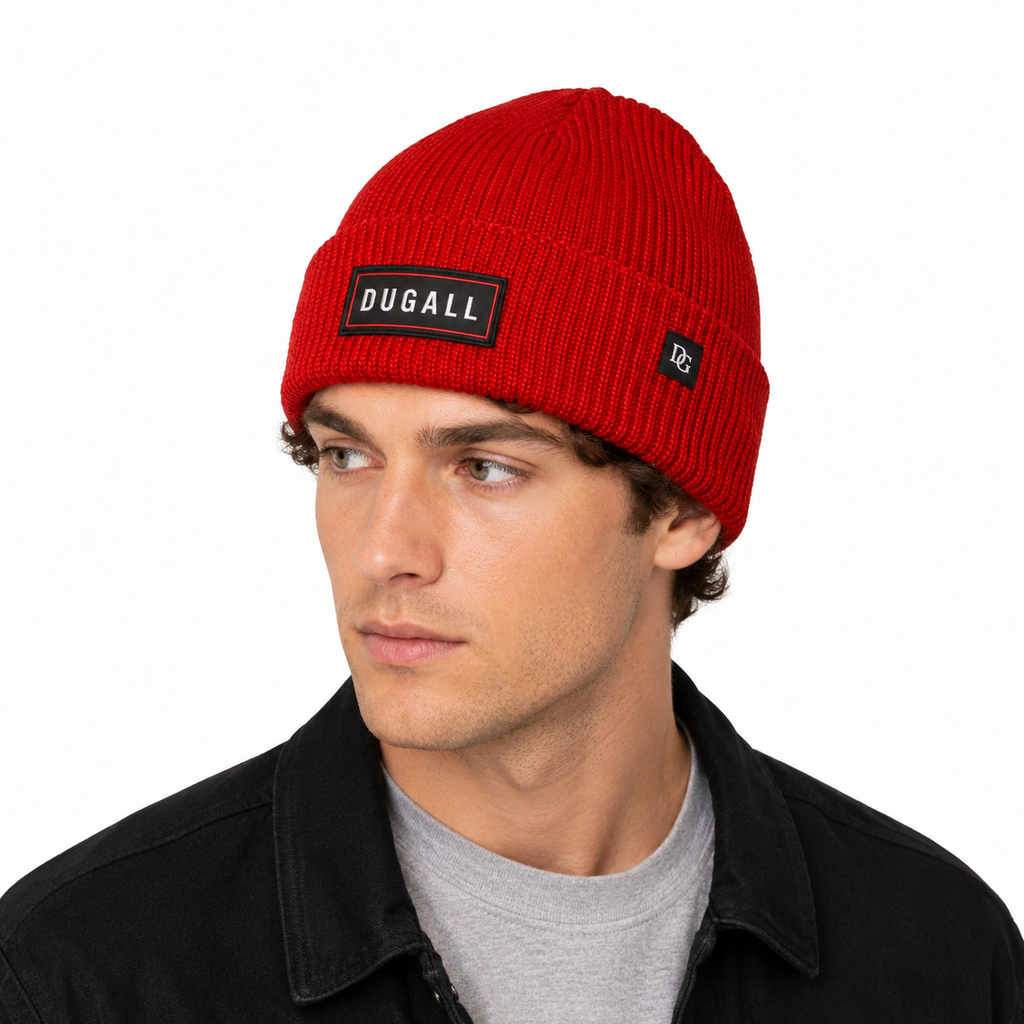 Male model wearing a red eco-friendly ribbed knit beanie with custom embroidered patch logo and side label.