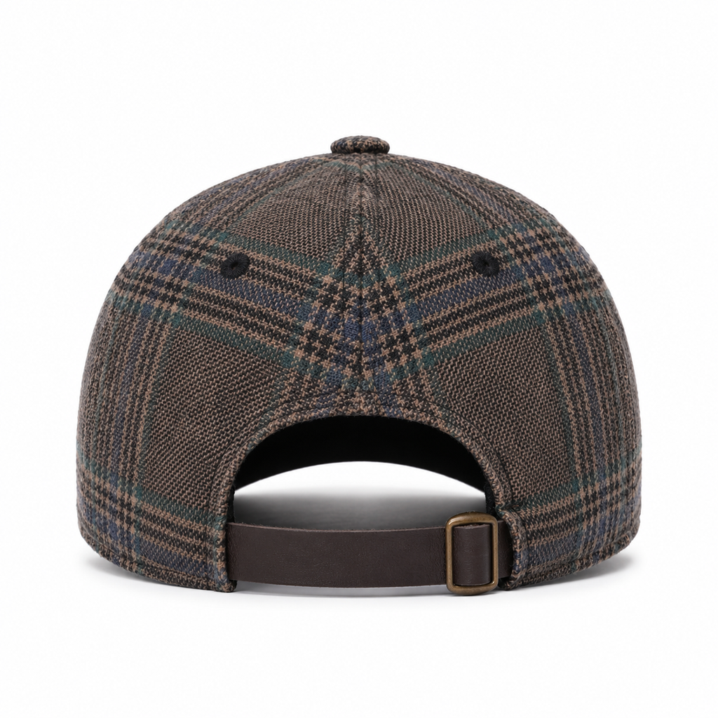 Back view of a custom plaid cotton baseball cap with adjustable leather strap closure.
