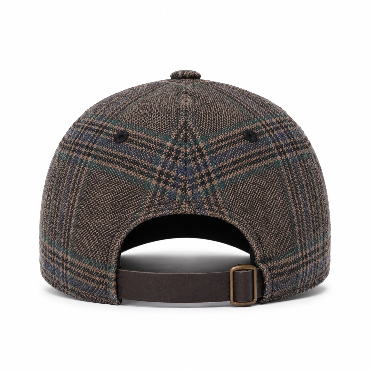 Back view of a custom plaid cotton baseball cap with adjustable leather strap closure.