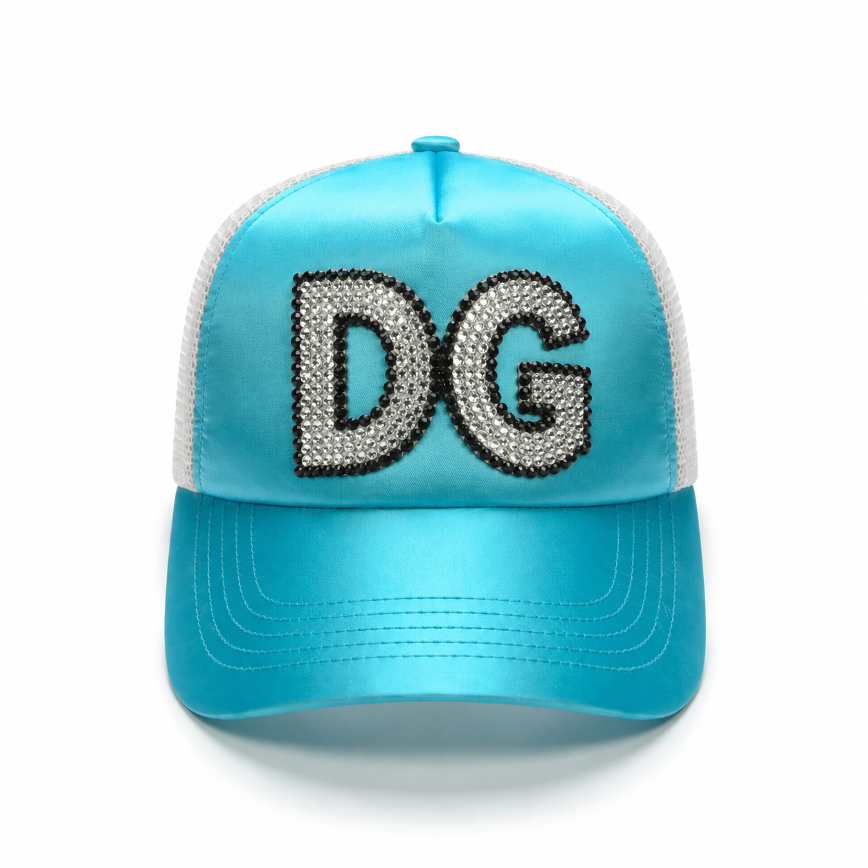 Front view of a custom foam trucker hat with rhinestone DG logo, turquoise front panel and white mesh back
