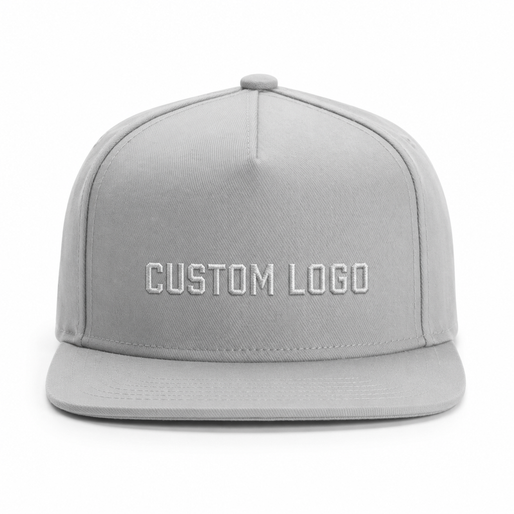 Front view of a light gray custom cotton snapback hat with flat brim and embroidered “CUSTOM LOGO” design