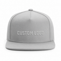 Front view of a light gray custom cotton snapback hat with flat brim and embroidered “CUSTOM LOGO” design