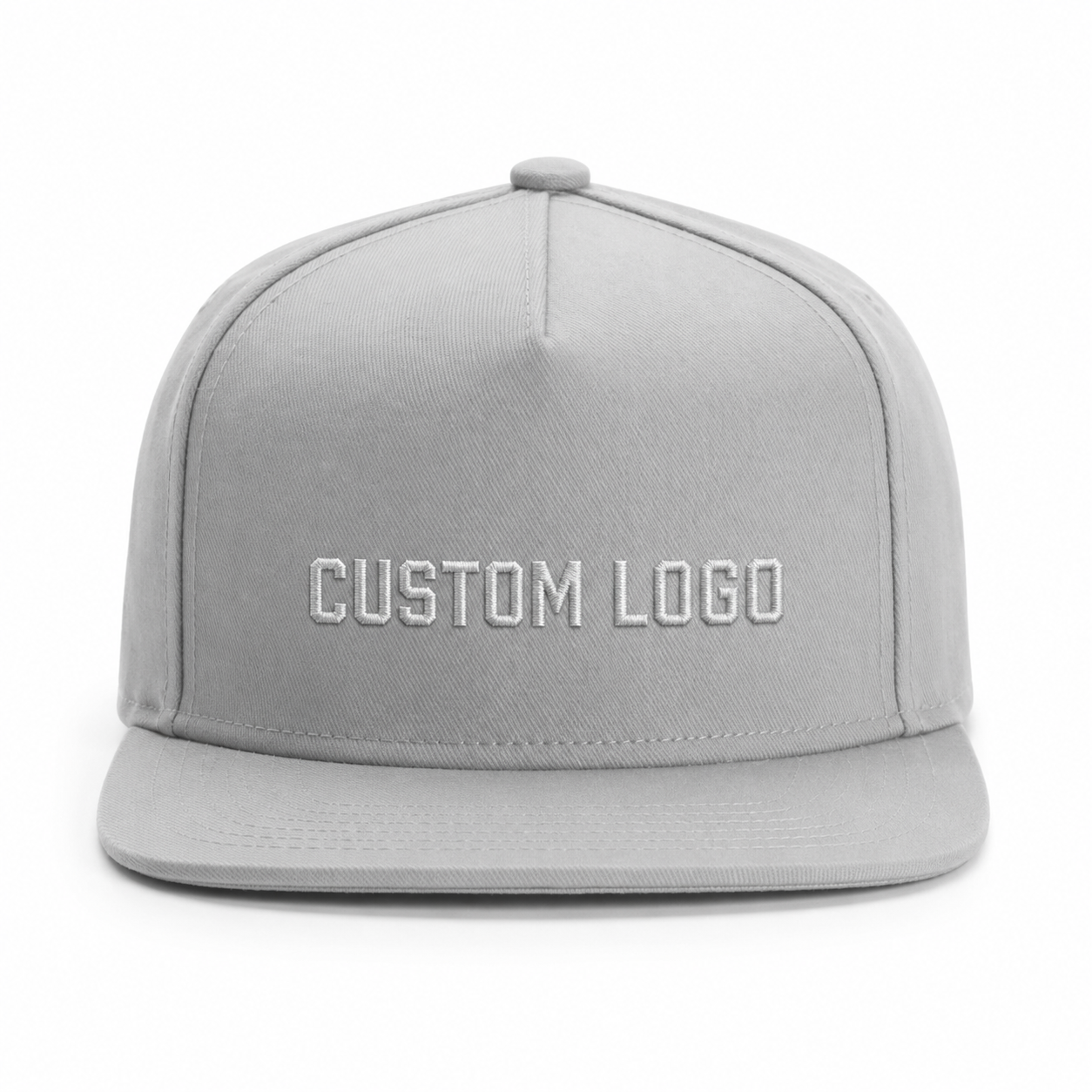 Front view of a light gray custom cotton snapback hat with flat brim and embroidered “CUSTOM LOGO” design