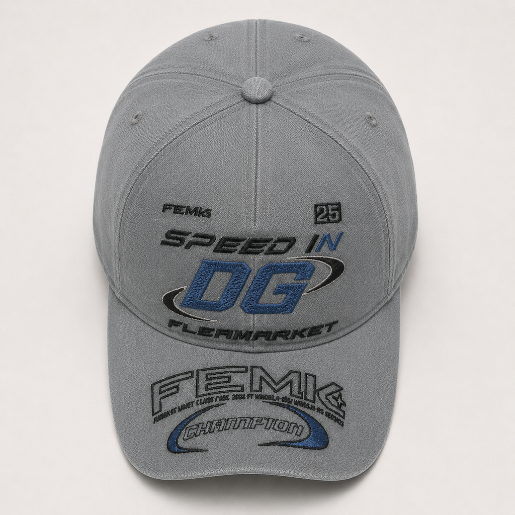 Top front view of a custom fashion cotton baseball cap featuring multi-position embroidery and curved brim