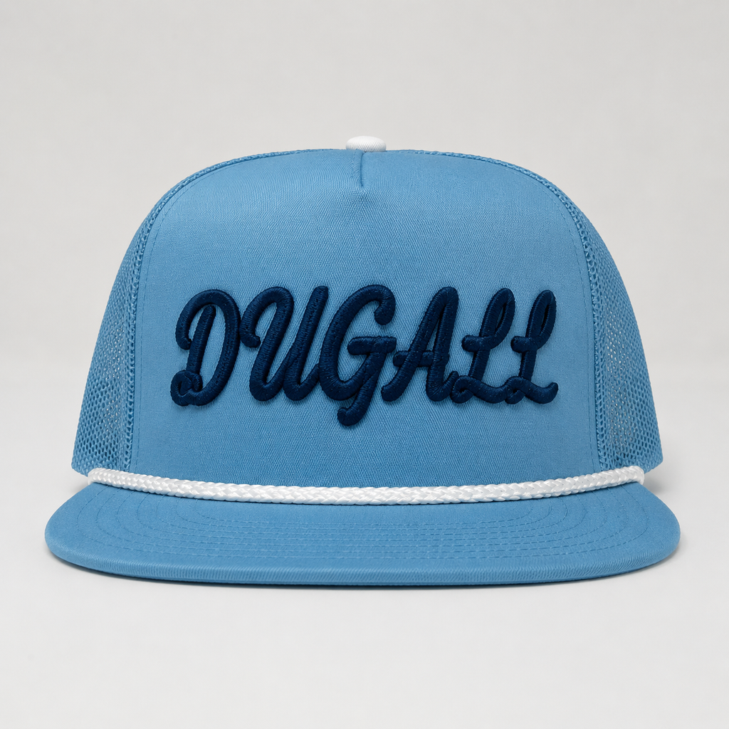 Custom 3D embroidery rope trucker hat in sky blue with mesh back