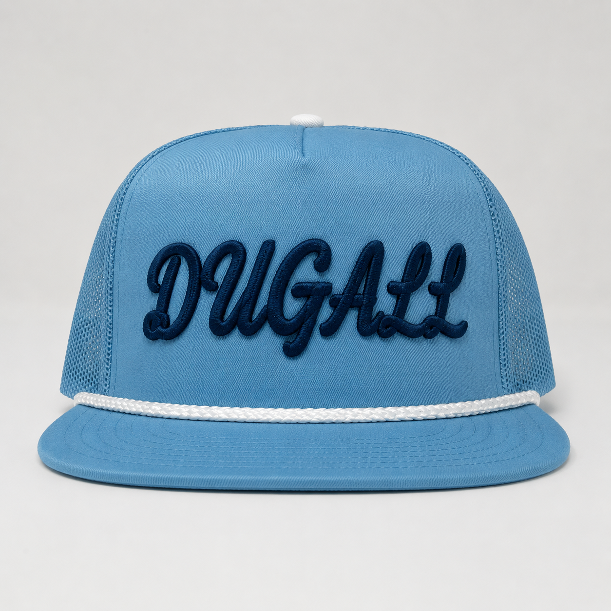 Custom 3D embroidery rope trucker hat in sky blue with mesh back