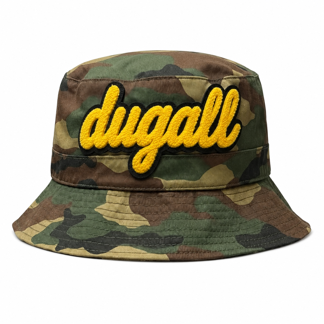 Front view of a custom vintage chenille logo bucket hat made from washed cotton camouflage fabric.