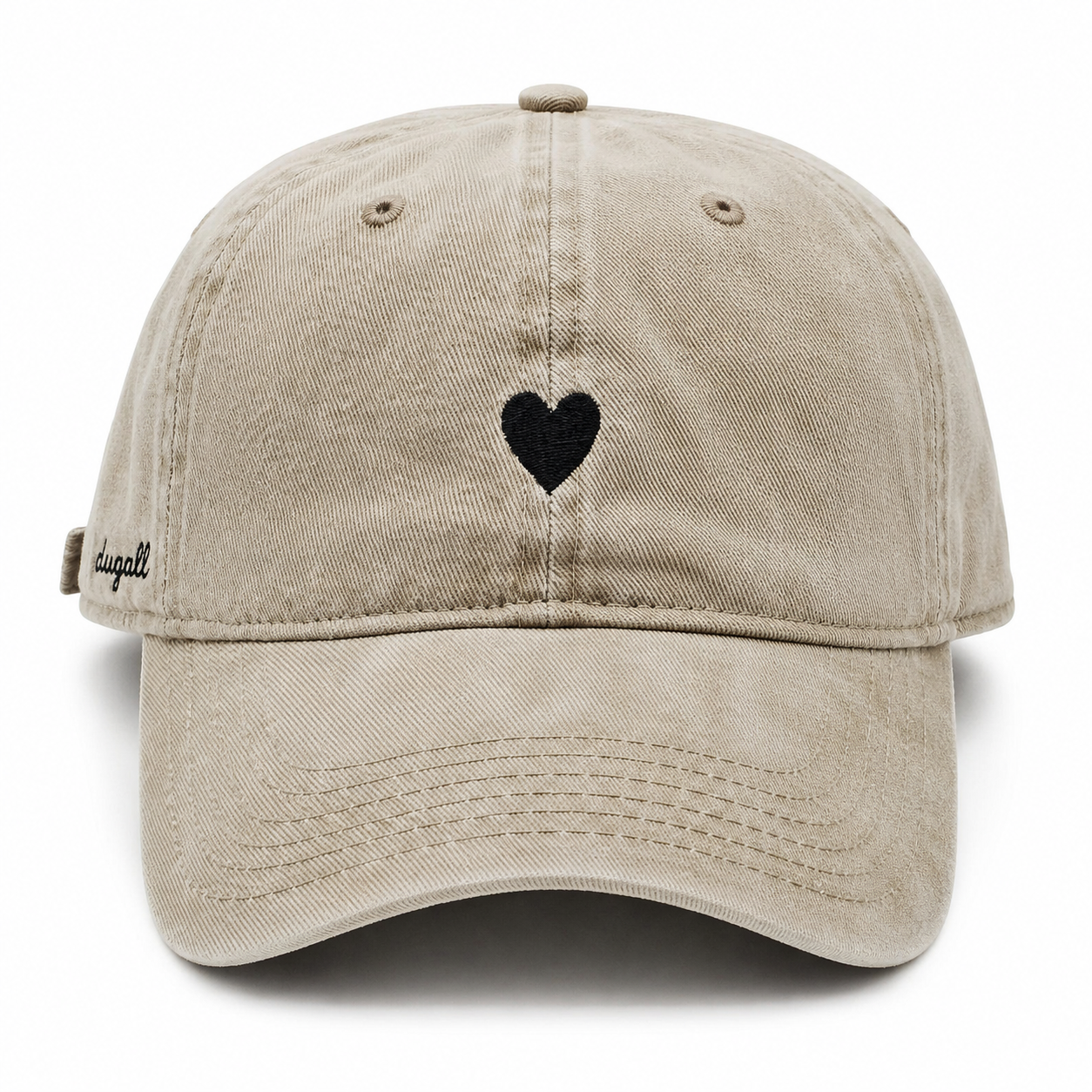 Front view of a custom high quality washed cotton vintage baseball cap with embroidered heart logo.