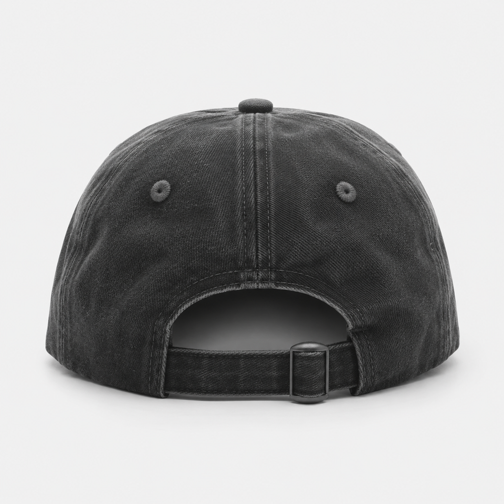 Back view of a black washed dad hat with adjustable strap closure and unstructured 6 panel construction.