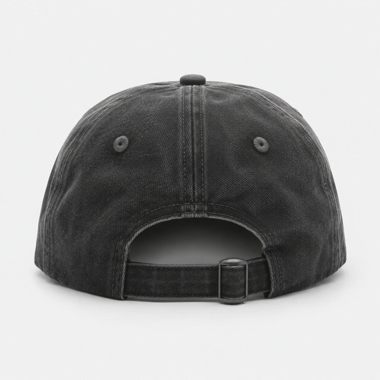 Back view of a black washed dad hat with adjustable strap closure and unstructured 6 panel construction.