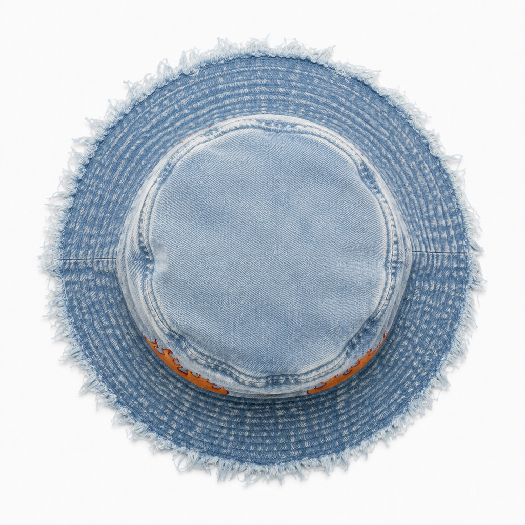 Top view of a custom high quality cotton bucket hat with washed finish and frayed brim edge.