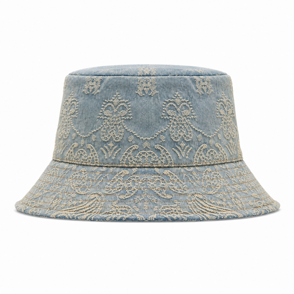 Back view of a washed cotton bucket hat showing the decorative embroidery pattern and clean bucket hat shape.