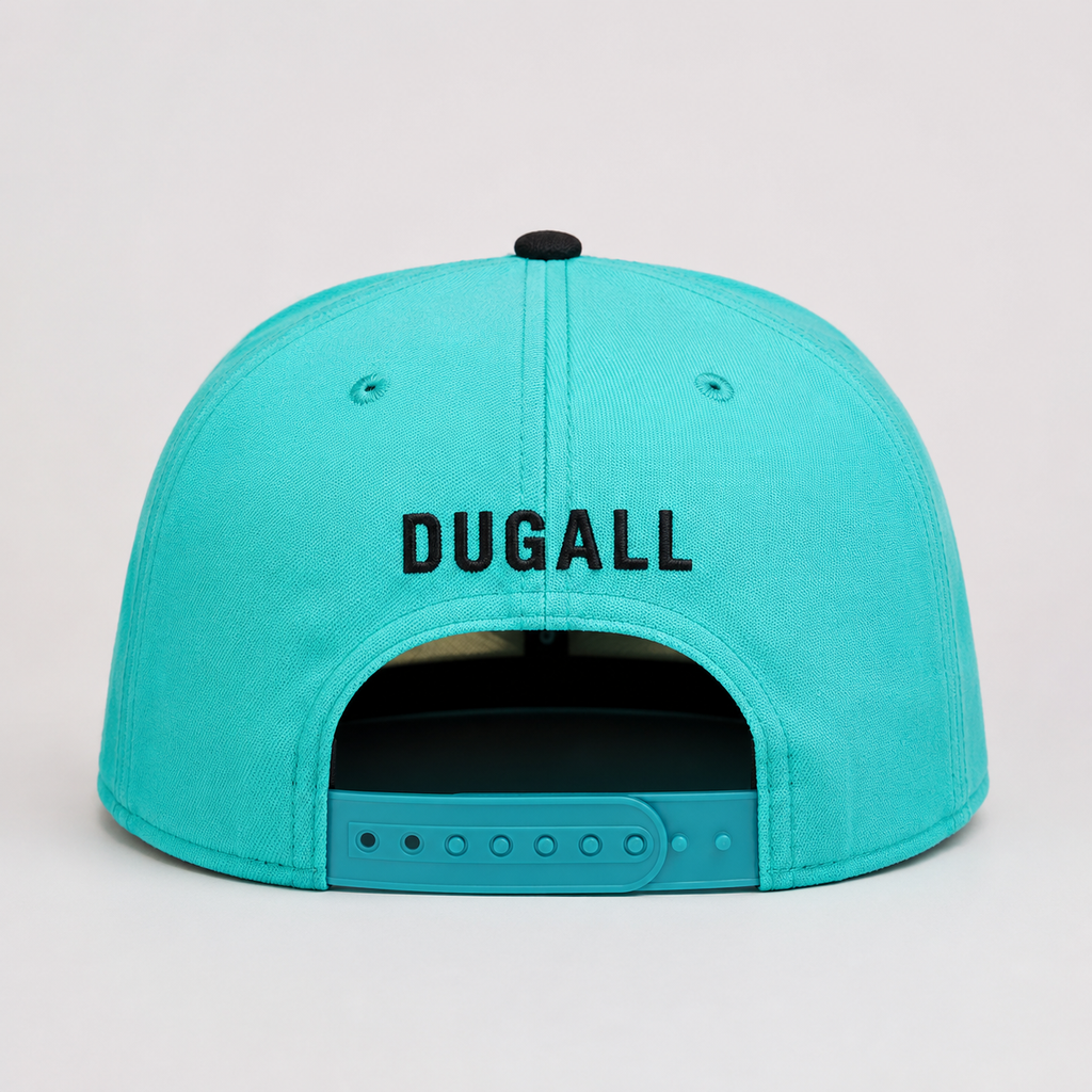 Back view of a custom cotton snapback hat with adjustable snap closure and embroidered branding detail.