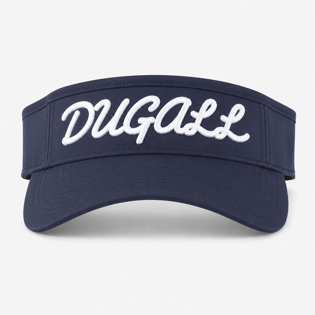 A navy blue visor hat featuring the word 'DUGALL' embroidered in white cursive script across the front, set against a light gray background.