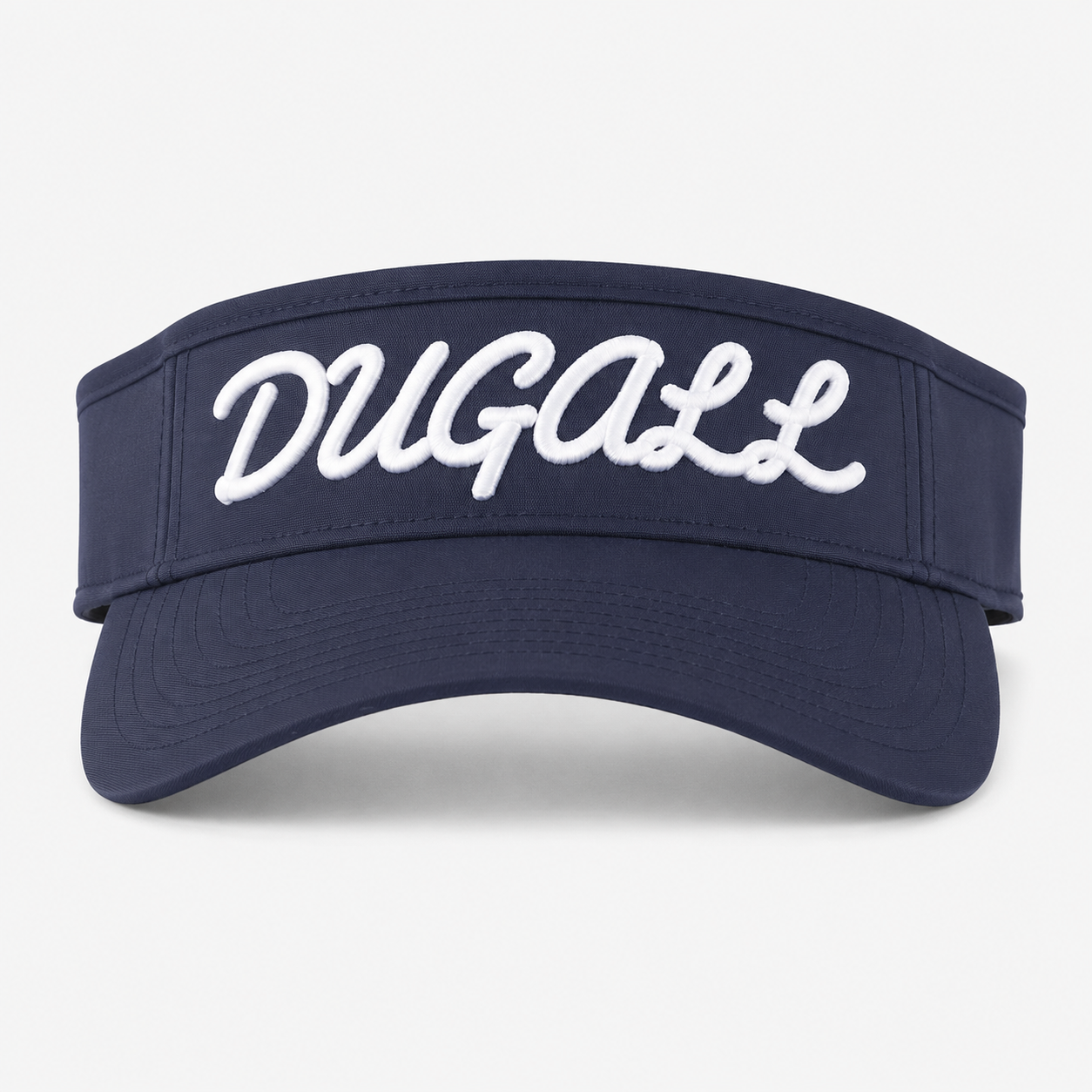 A navy blue visor hat featuring the word 'DUGALL' embroidered in white cursive script across the front, set against a light gray background.