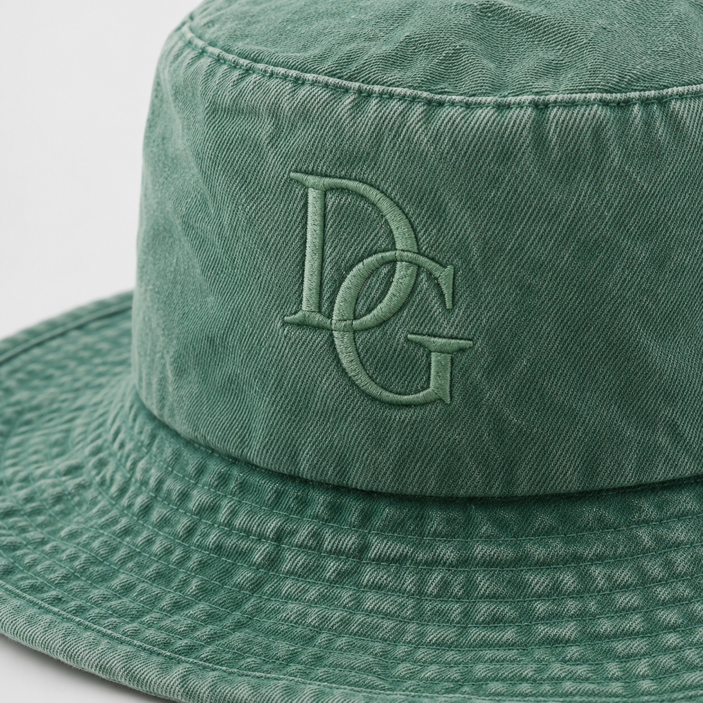 Close-up detail of embroidered logo on a custom 100% cotton bucket hat