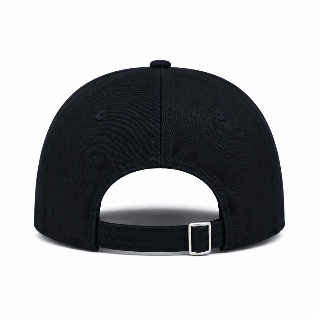 Back view of custom 6 panel cotton baseball cap with adjustable strap