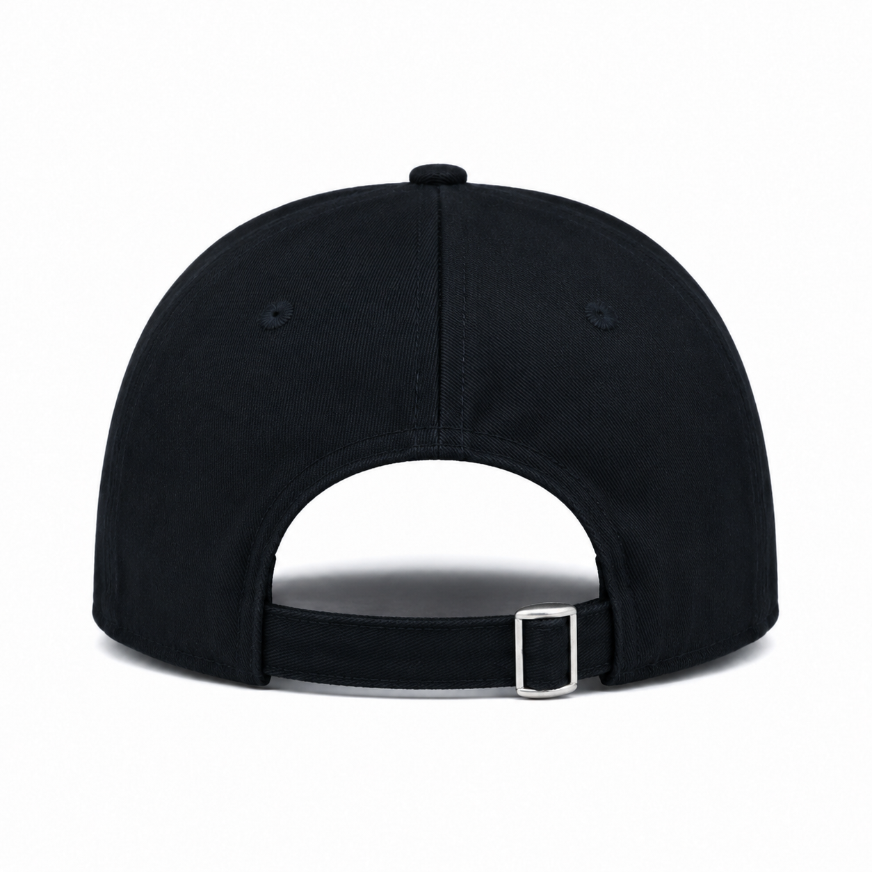 Back view of custom 6 panel cotton baseball cap with adjustable strap