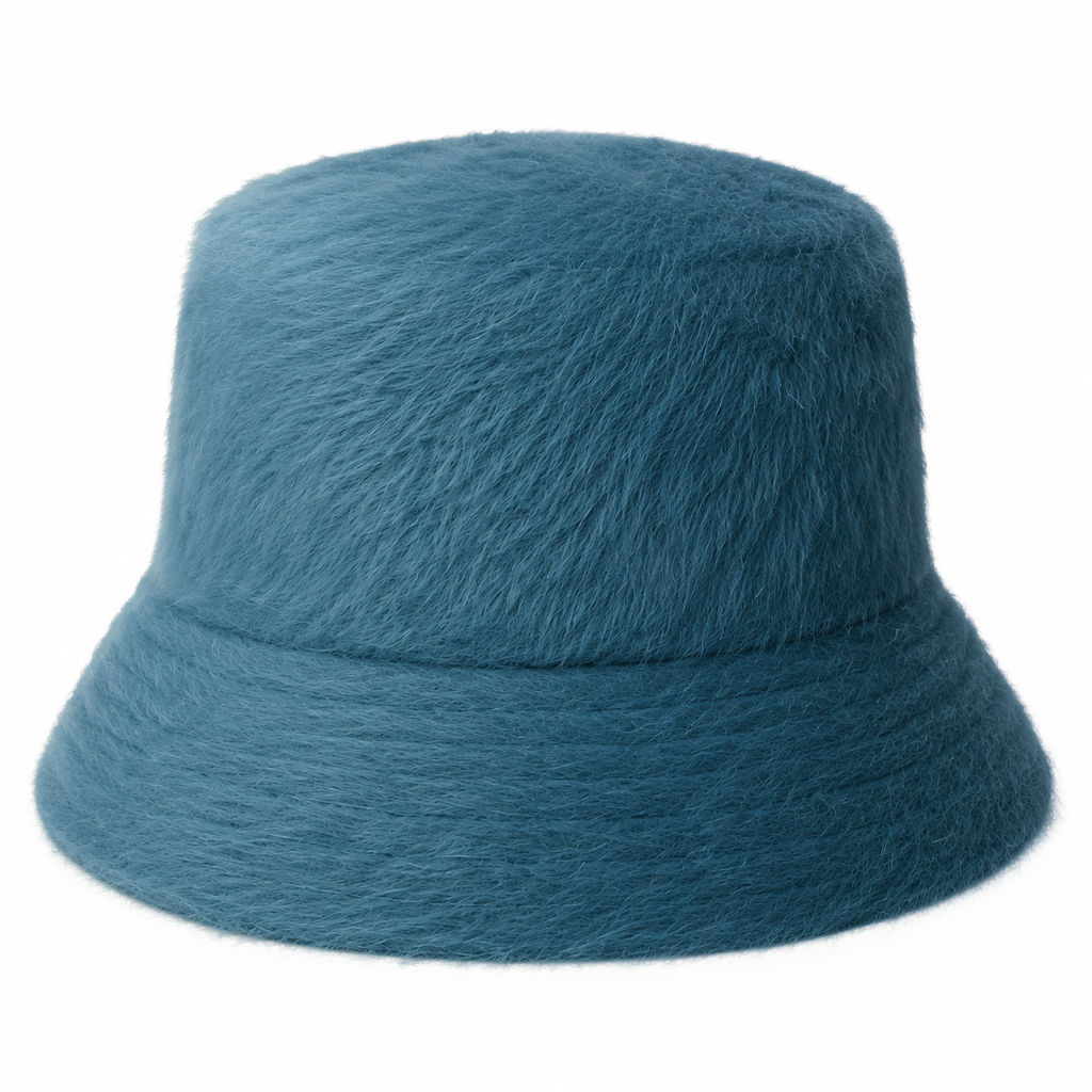 Back view of a faux fur custom bucket hat with soft fluffy texture for autumn and winter collections.