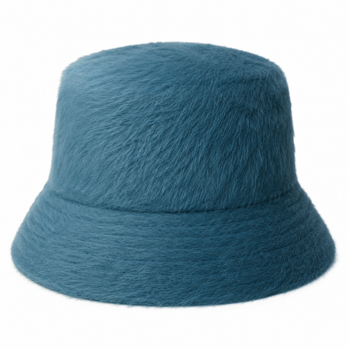 Back view of a faux fur custom bucket hat with soft fluffy texture for autumn and winter collections.
