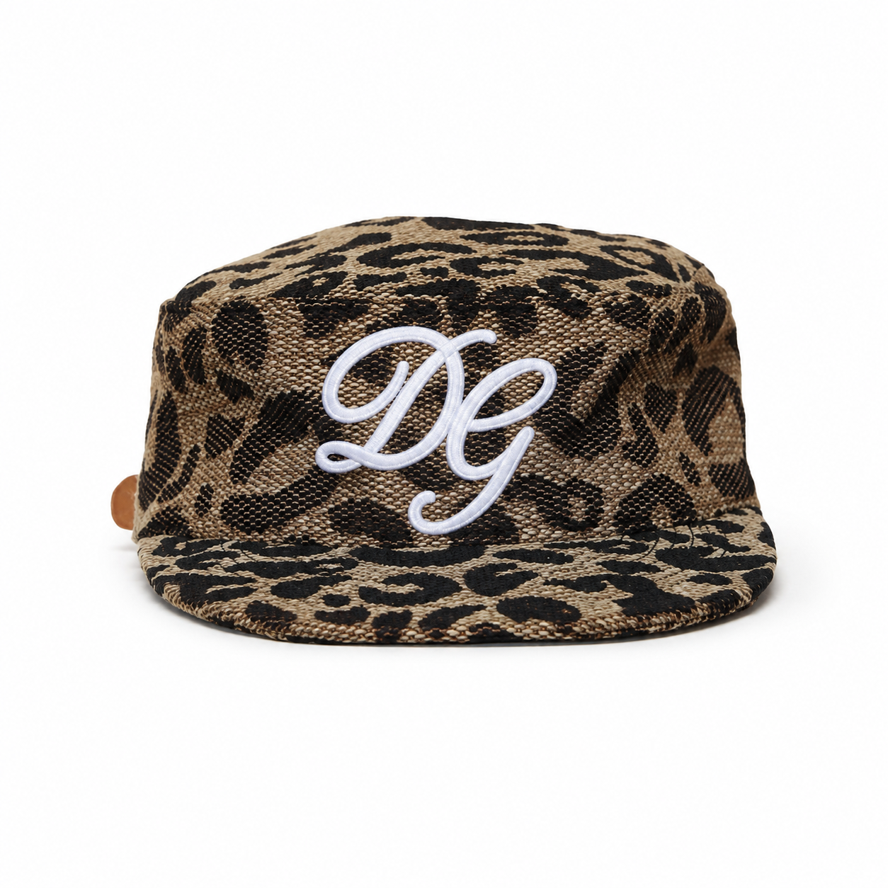 Front view of a custom leopard print flat brim baseball cap with embroidered logo and foam structured body.