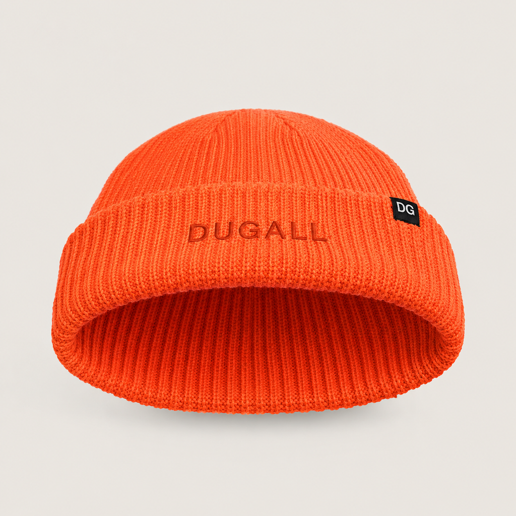 Bottom opening view of an orange acrylic short beanie showing the cuffed knit structure and custom embroidered front logo