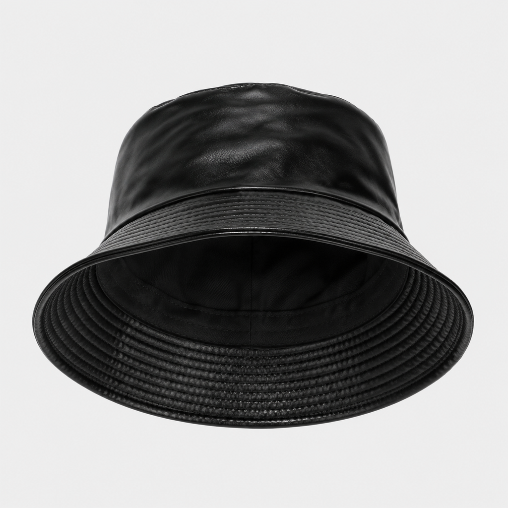 Front view of black PU leather bucket hat with glossy faux leather finish and soft downward brim