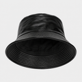 Front view of black PU leather bucket hat with glossy faux leather finish and soft downward brim