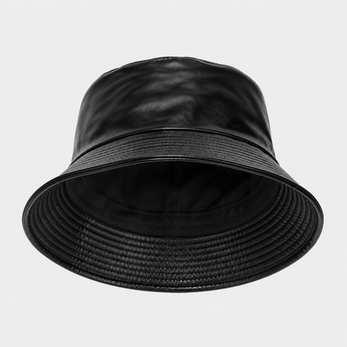 Front view of black PU leather bucket hat with glossy faux leather finish and soft downward brim